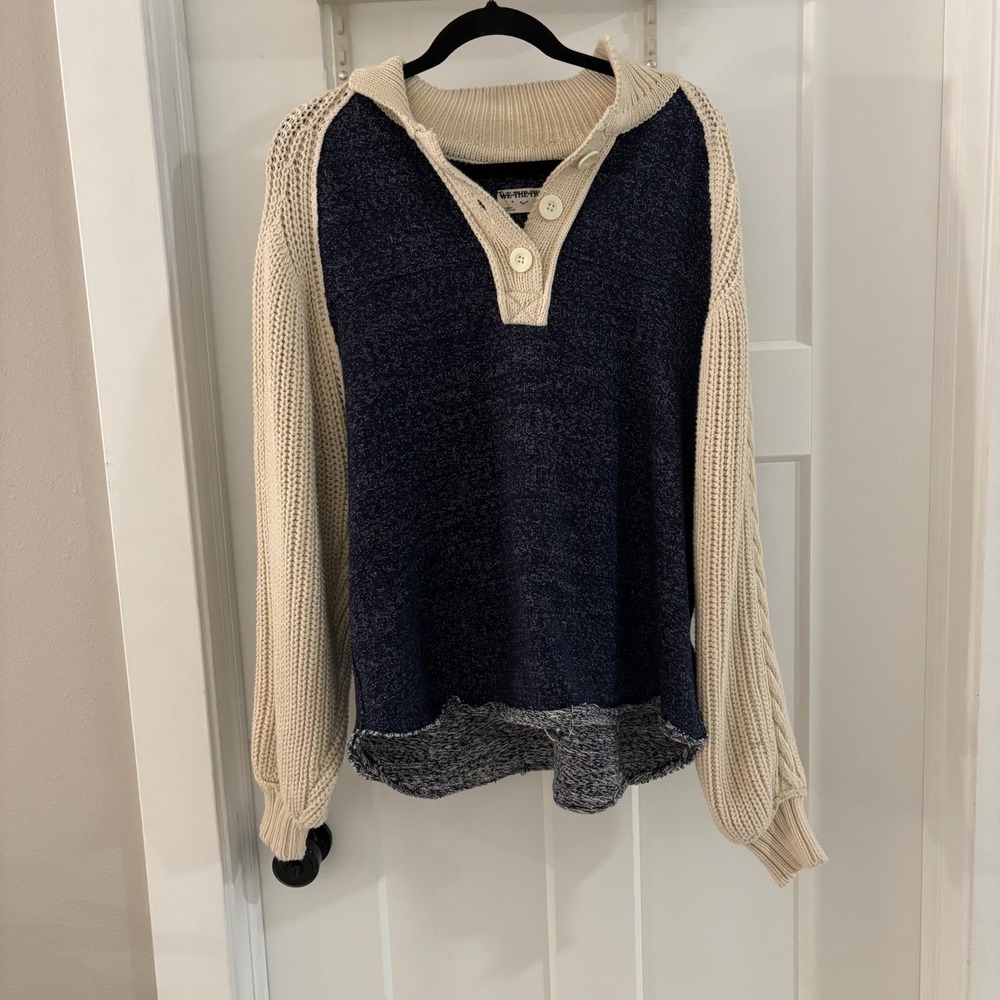 WE THE FREE People Oversized Marco Polo Sweater Beige Navy Blue Button Neck XS